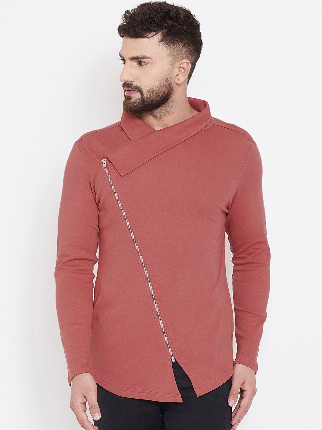 

Hypernation Men Rust Brown Solid Zipper T-shirt