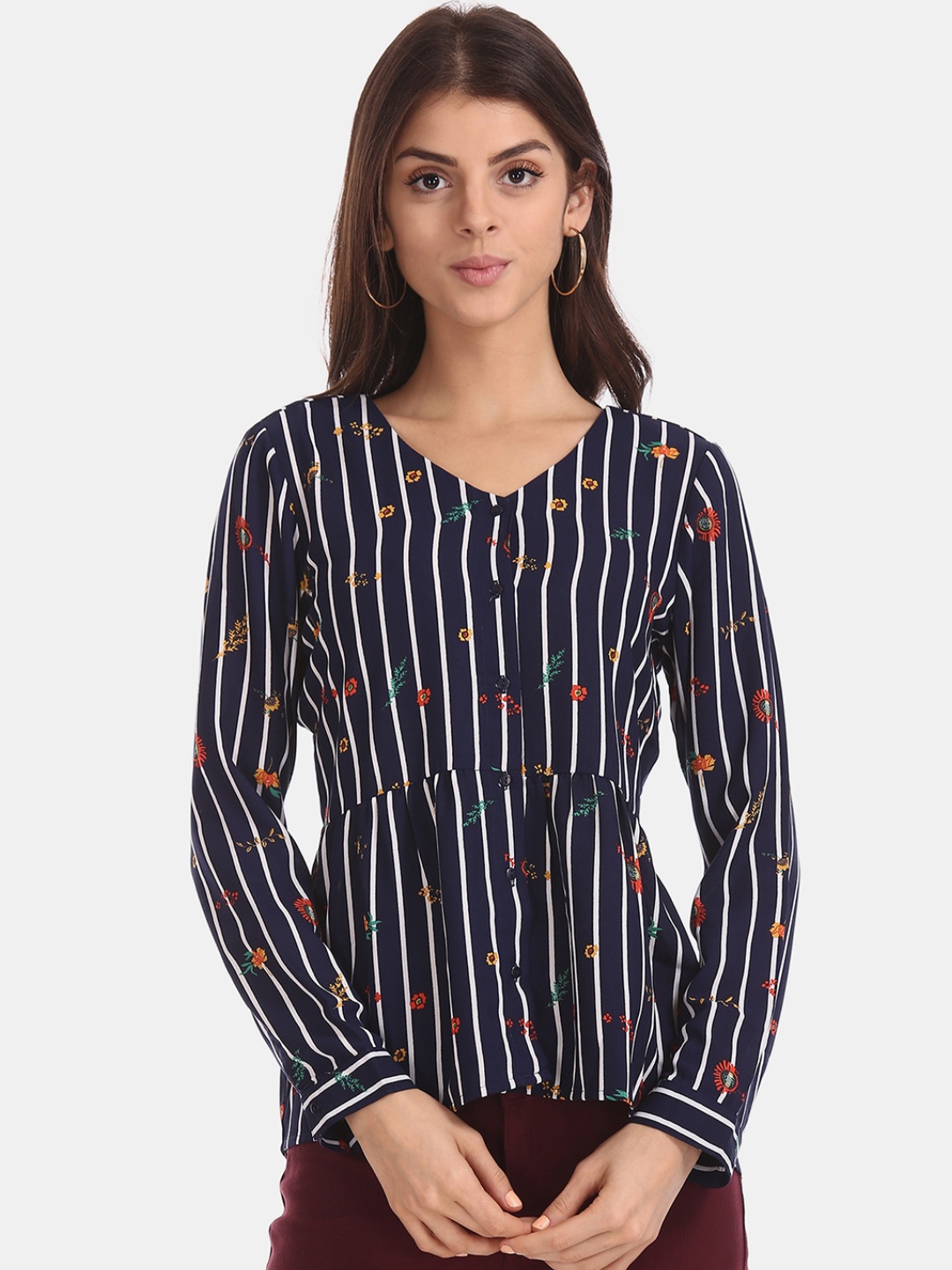 

Sugr Women Blue & White Striped Peplum Top