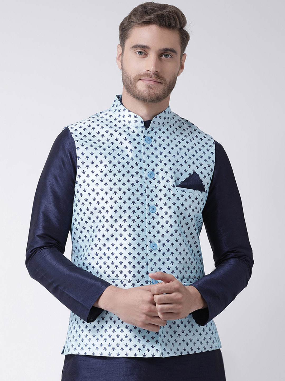 

DEYANN Men Blue Printed Nehru Jacket