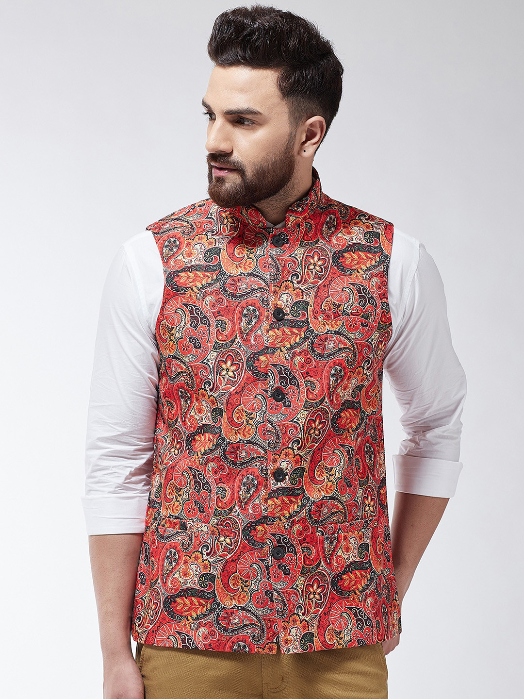 

SOJANYA Men Red & Black Printed Nehru Jacket