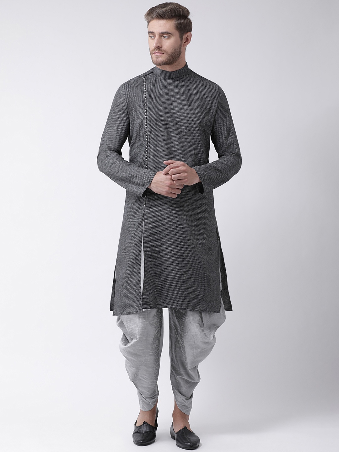

DEYANN Men Black & Grey Self Design Kurta with Dhoti Pants
