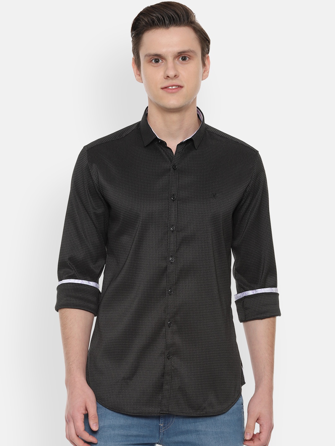 

V Dot Men Black Skinny Fit Self Design Casual Shirt