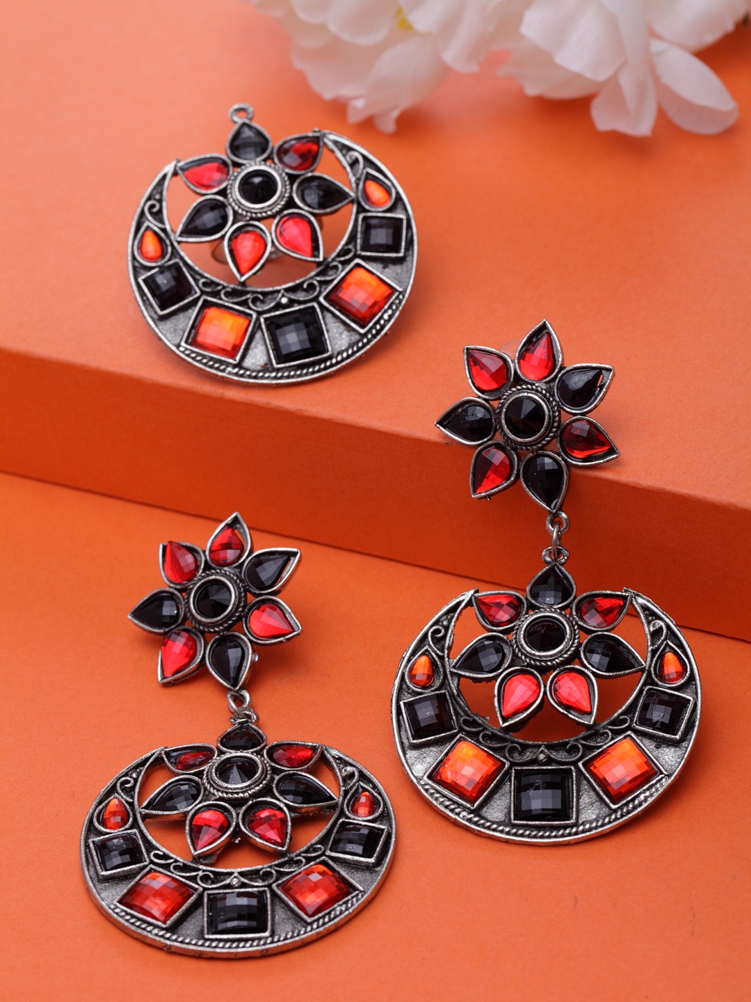 

Moedbuille Women Silver-Plated Black and Red Afghan Ring and Earring Jewellery Set
