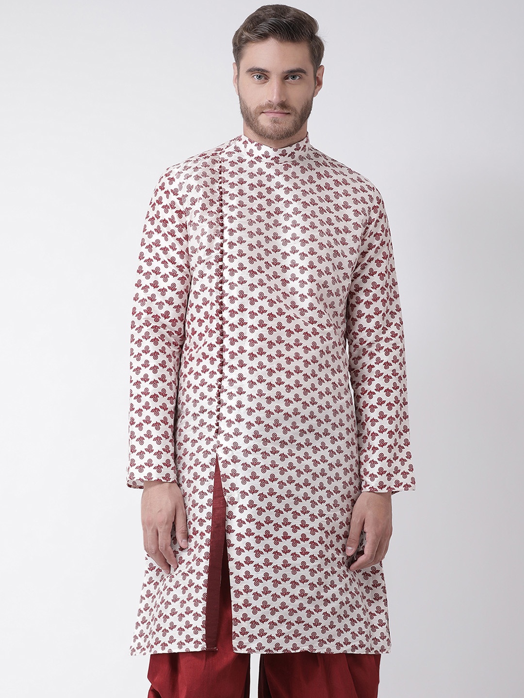 

DEYANN Men Off-White & Maroon Printed Straight Kurta