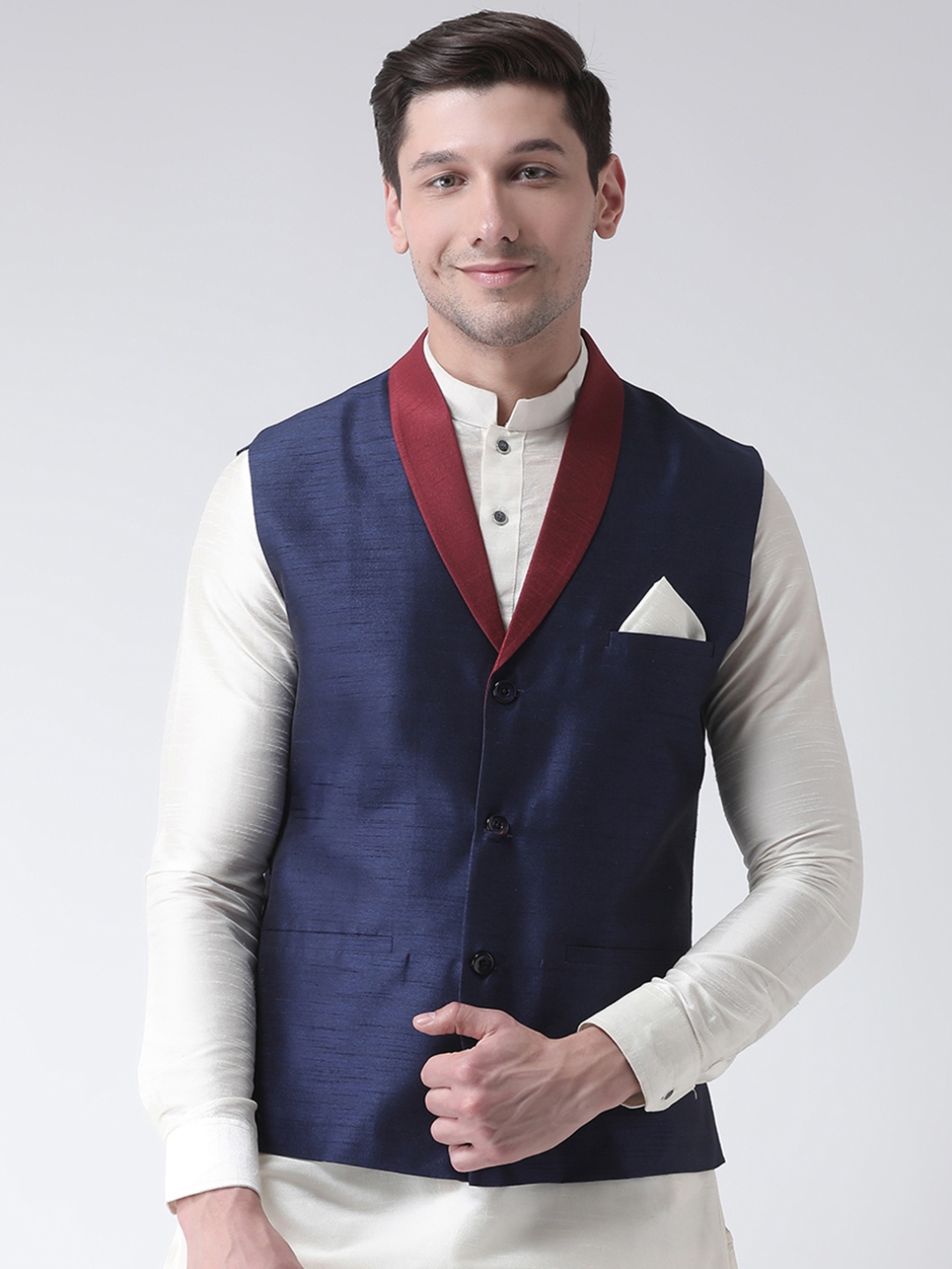 DEYANN Men Navy Blue Solid Nehru Jacket