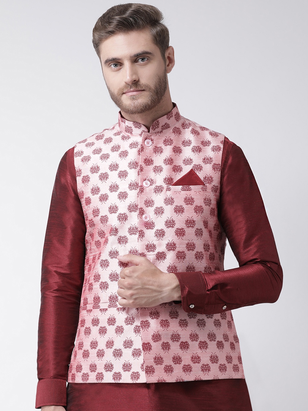 

DEYANN Men Pink Printed Nehru Jacket