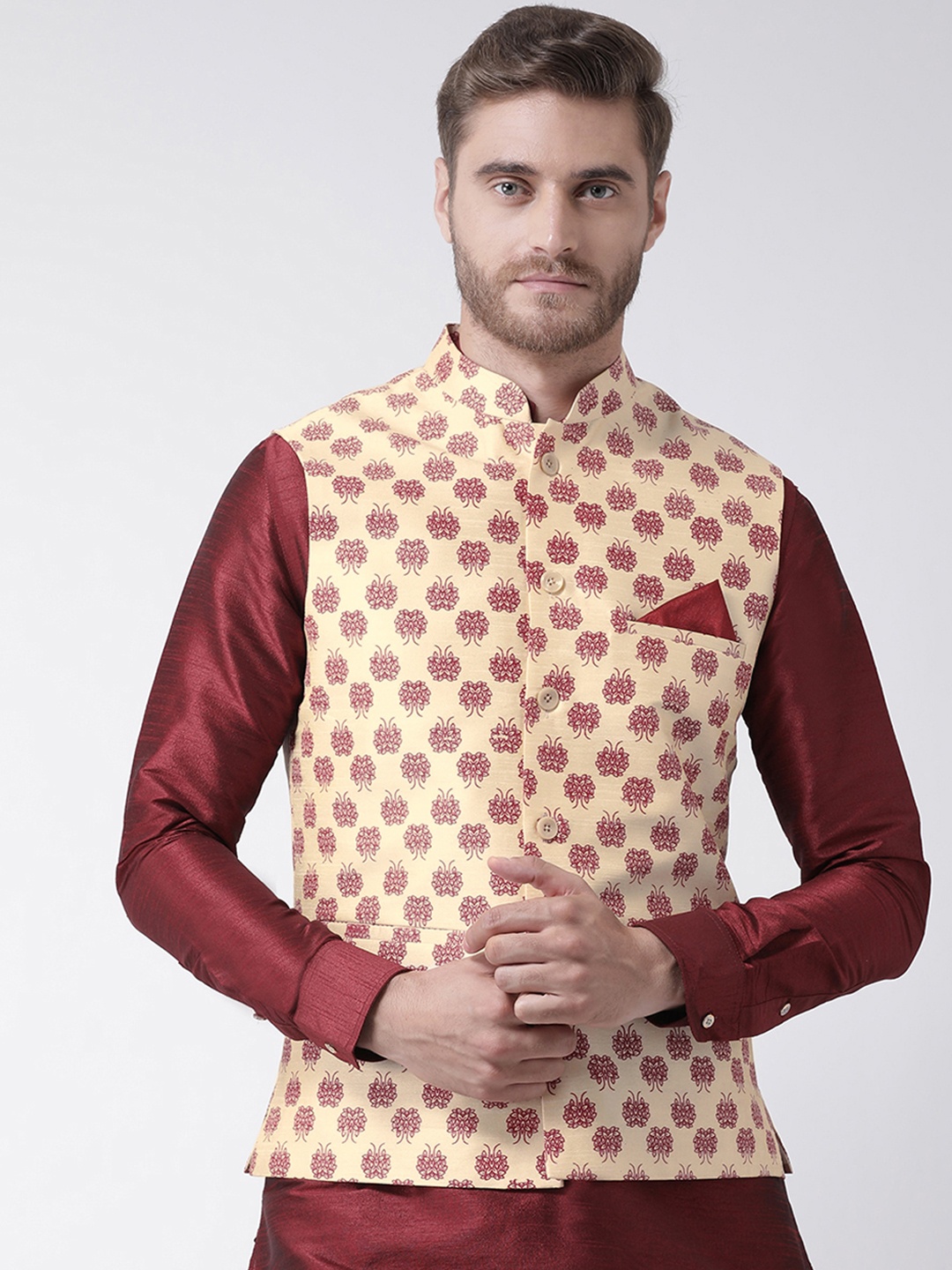 DEYANN Men Cream-Coloured & Maroon Printed Nehru Jacket