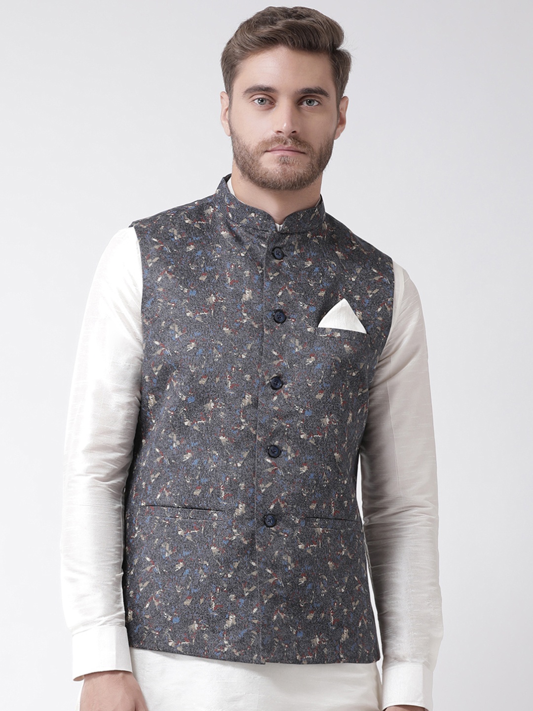 

DEYANN Men Black Printed Cotton Linen Nehru Jacket