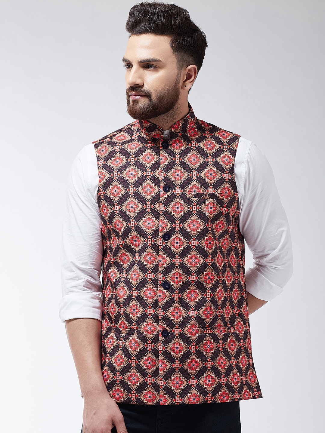 

SOJANYA Men Red & Black Printed Nehru Jacket