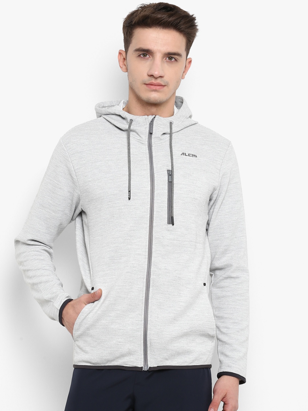 

Alcis Men Grey Solid Hooded Sporty Jacket