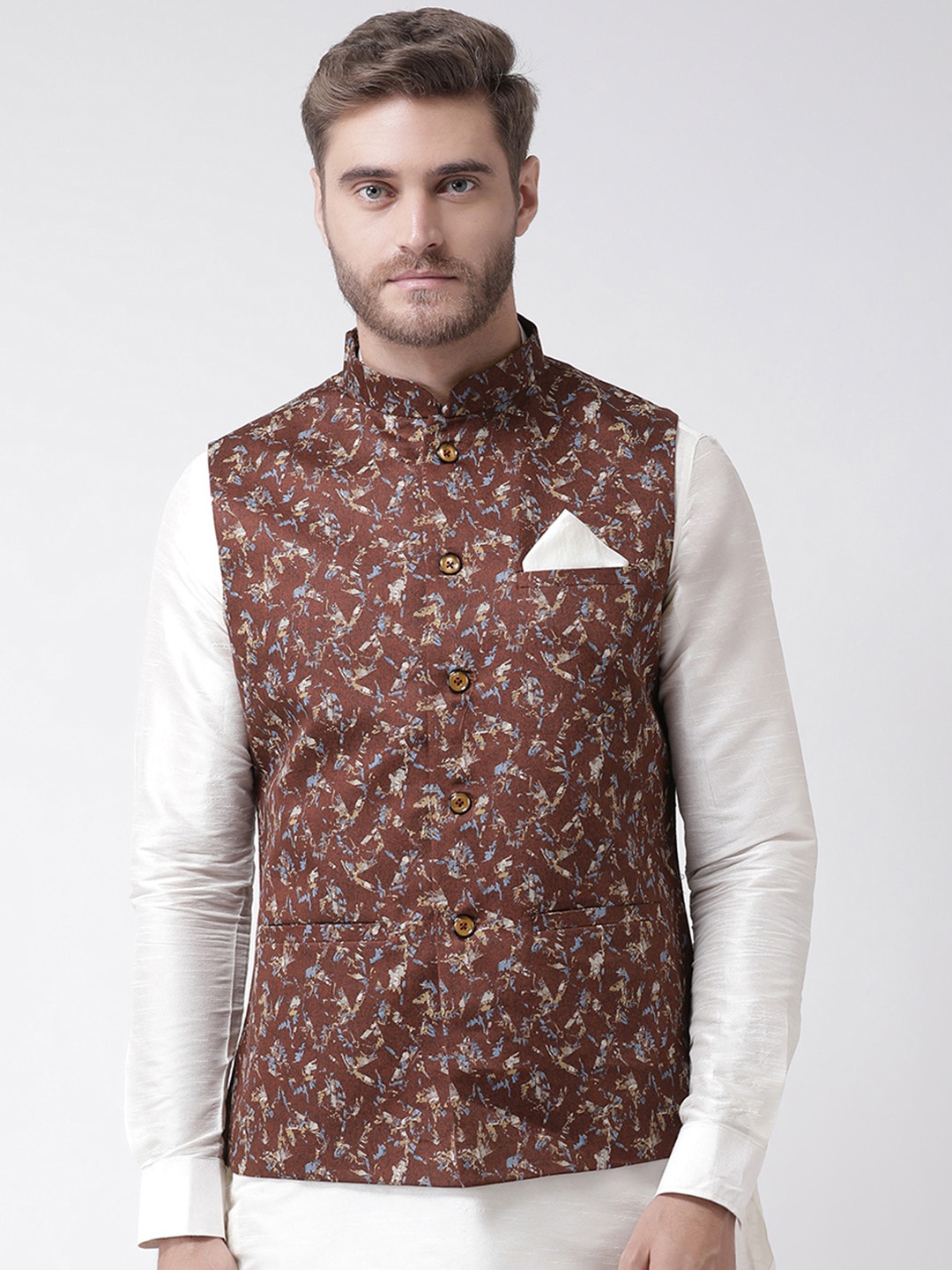 

DEYANN Men Brown Printed Cotton Linen Nehru Jacket