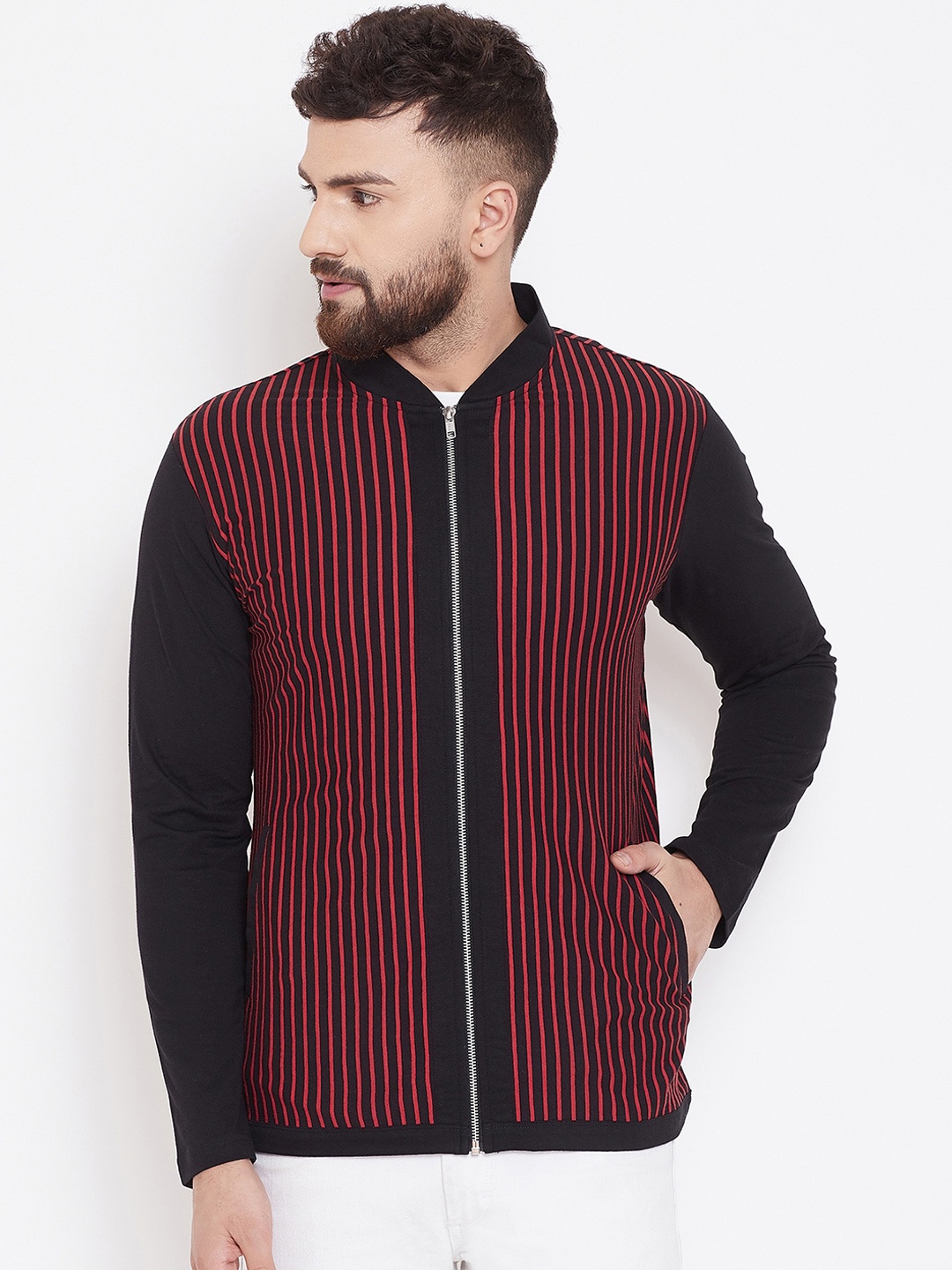 

Hypernation Men Red & Black Striped Zipper T-shirt