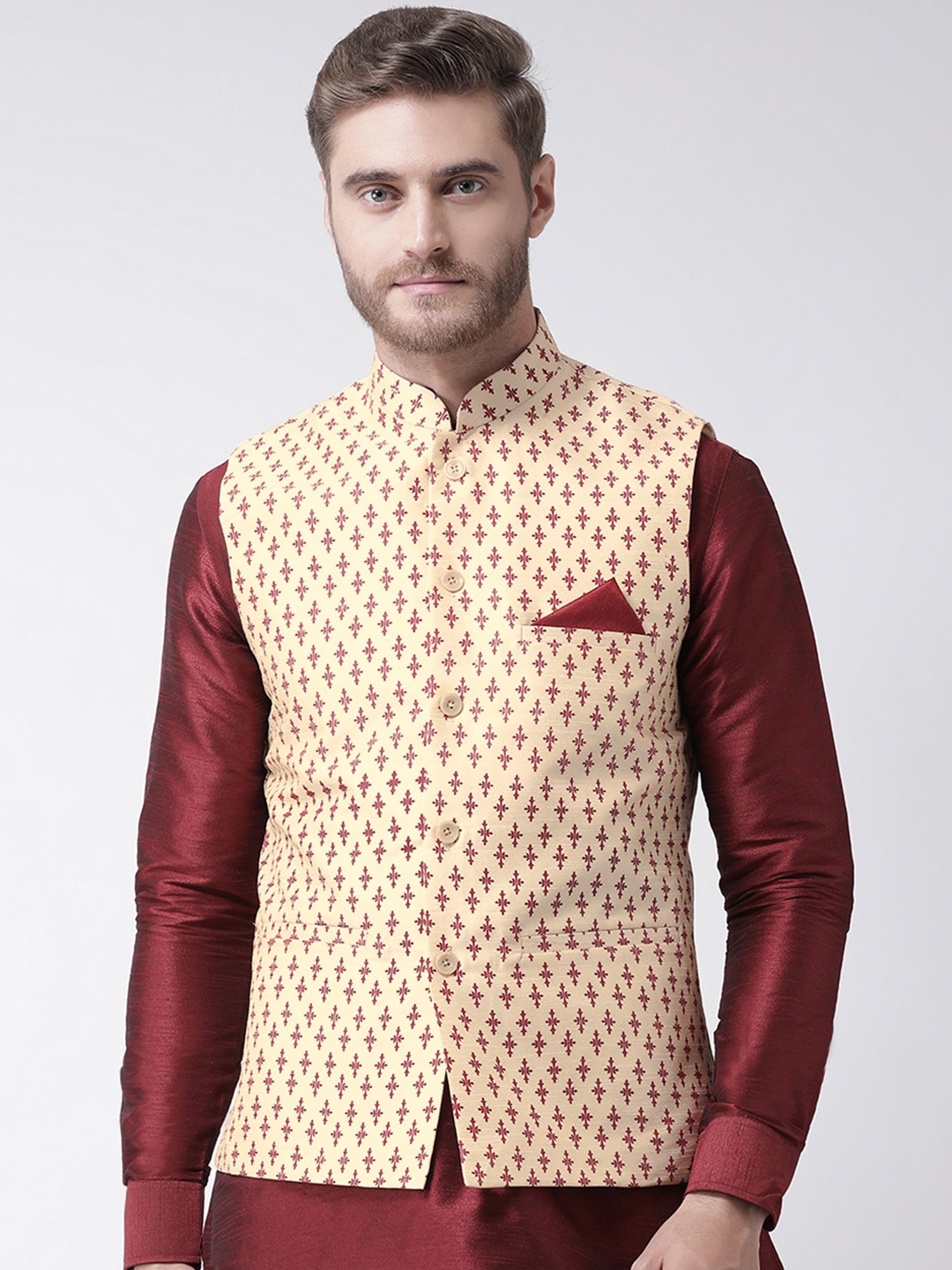 

DEYANN Men Cream-Coloured Printed Nehru Jacket