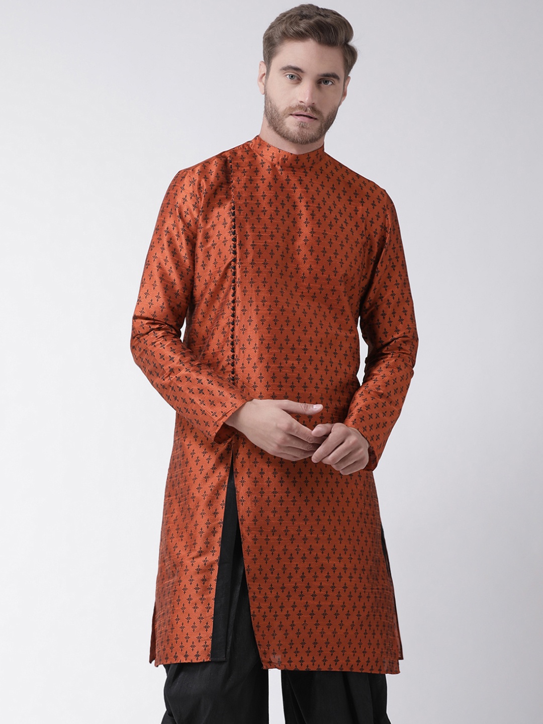 

DEYANN Men Orange & Black Printed Straight Kurta
