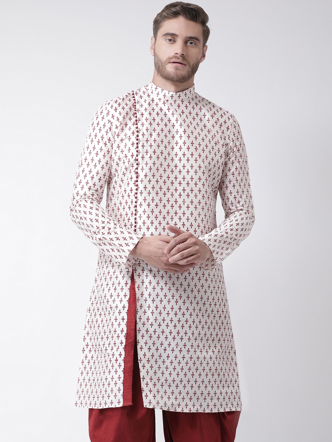 

DEYANN Men Off-White & Maroon Printed Straight Kurta