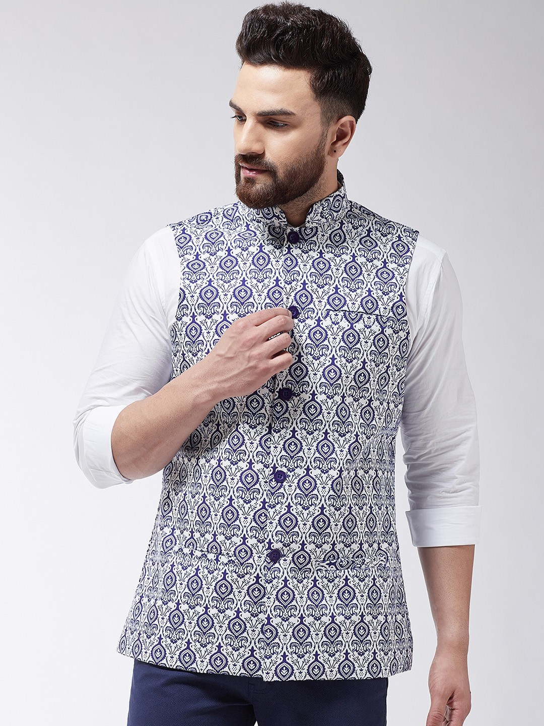 

SOJANYA Men Blue & Off-White Printed Nehru Jacket