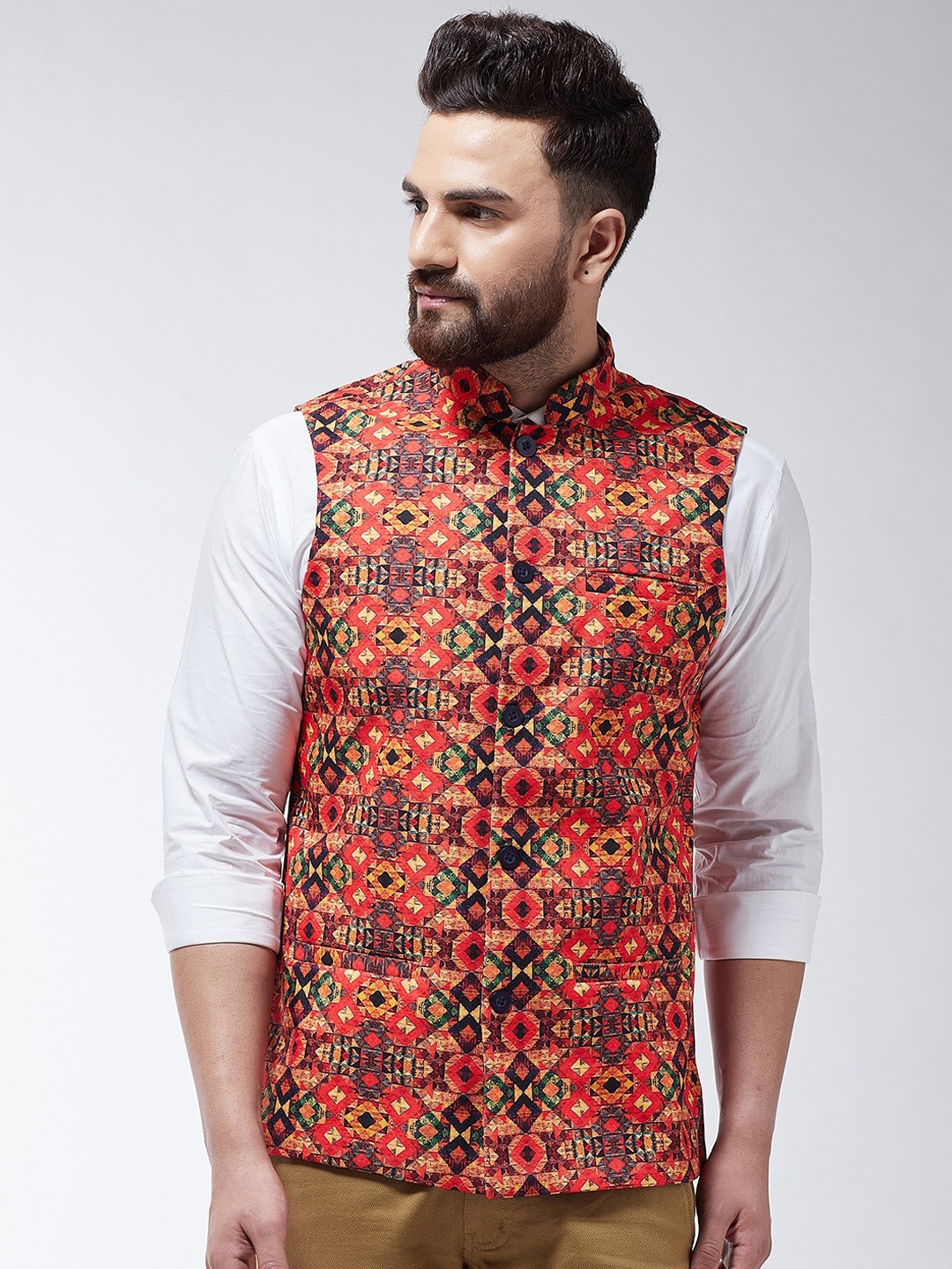 

SOJANYA Men Red & Black Printed Nehru Jacket