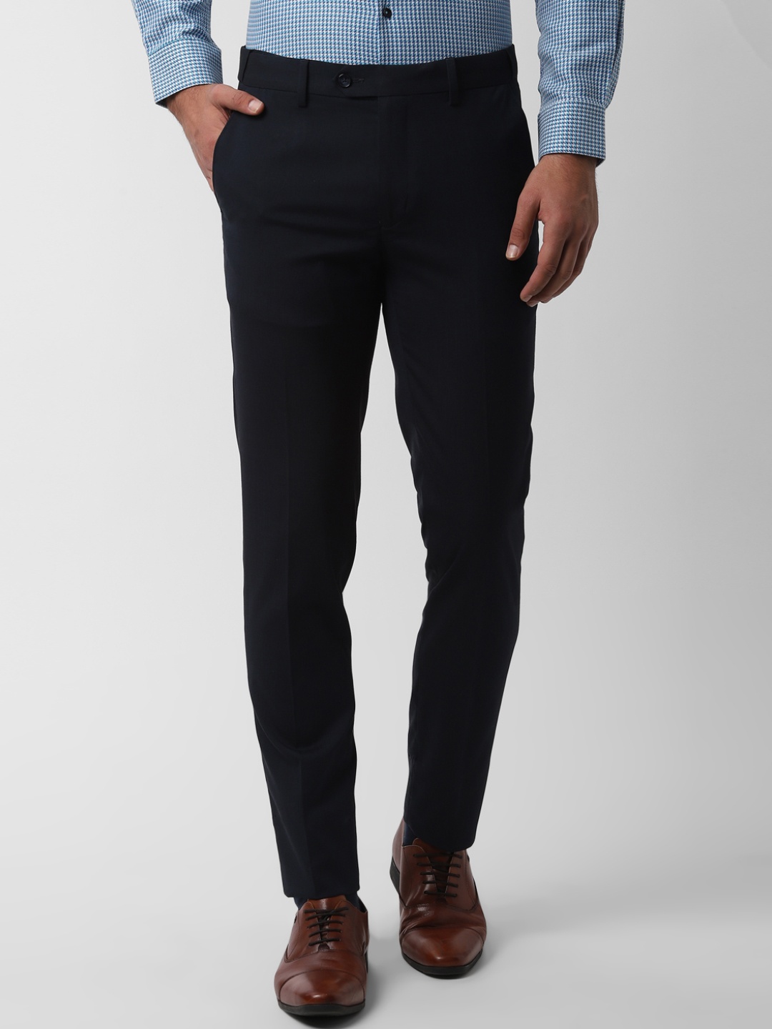 

Peter England Men Navy Blue Slim Fit Self Design Formal Trousers