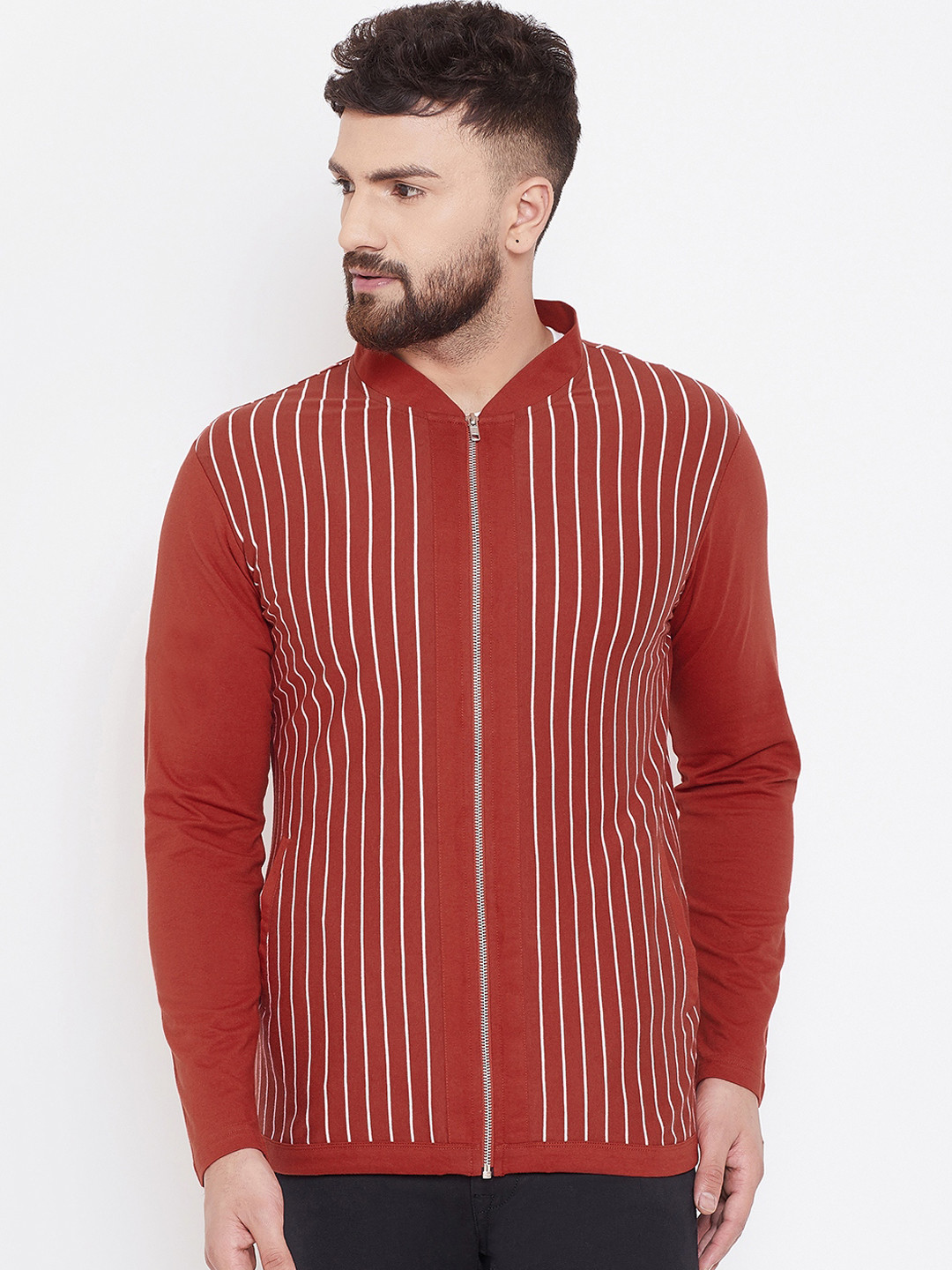 

Hypernation Men Rust Orange & White Striped Zipper T-shirt