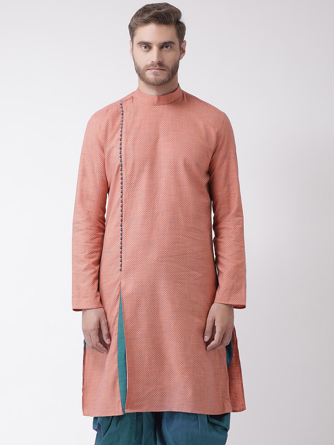 

DEYANN Men Coral & Teal Woven Design Straight Kurta
