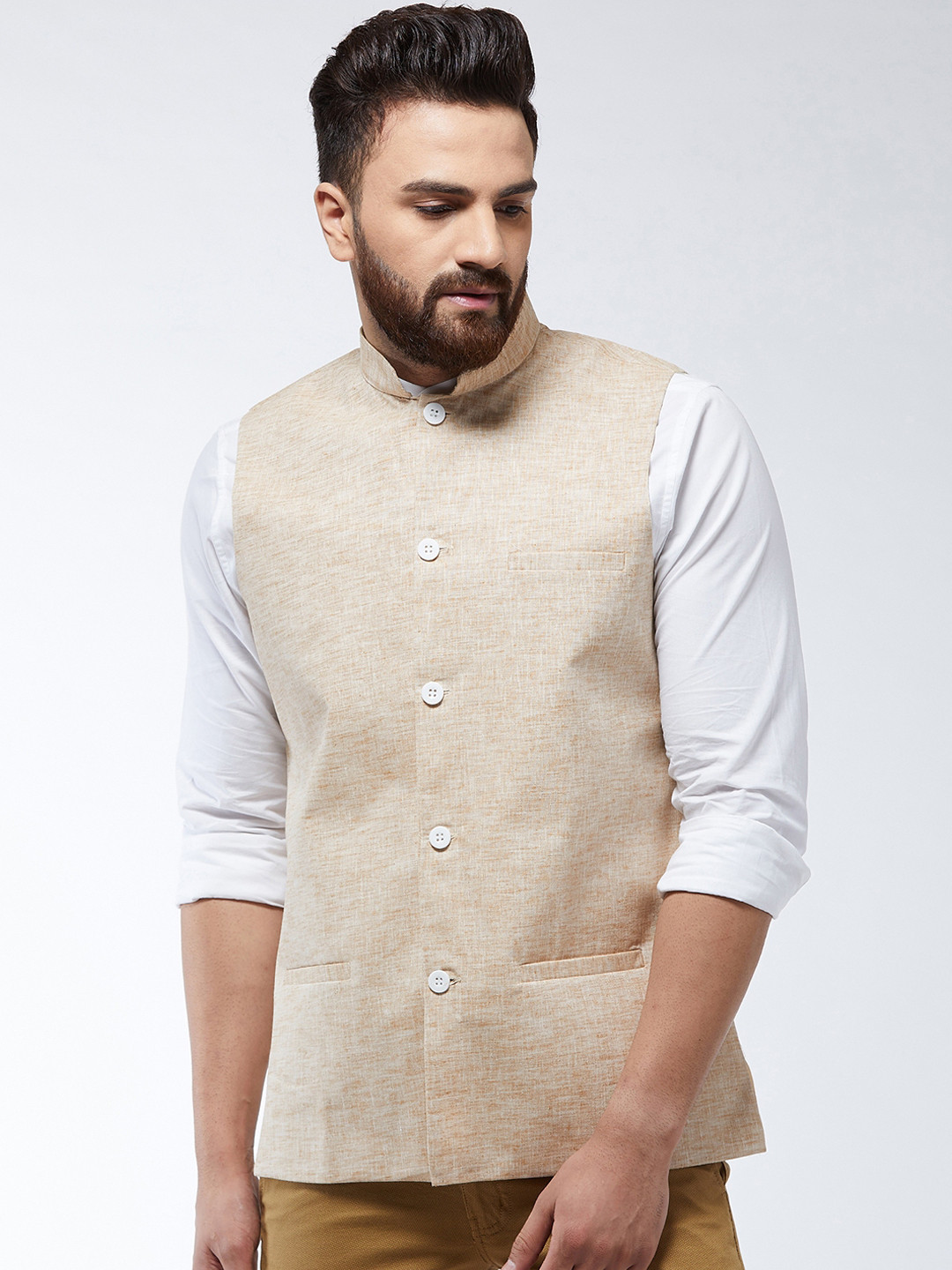 

SOJANYA Men Beige Solid Nehru Jacket
