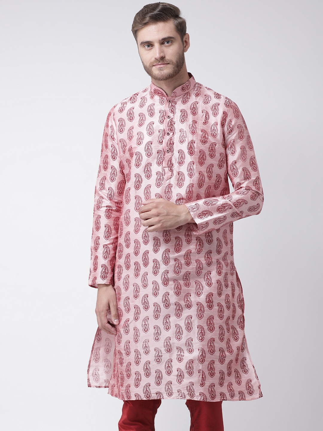 DEYANN Men Pink & Maroon Printed Straight Kurta