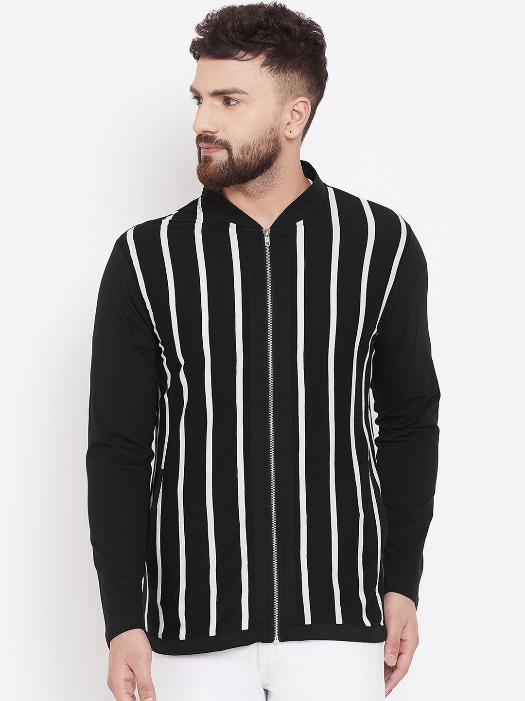 

Hypernation Men Black White Striped Zipper Jacket