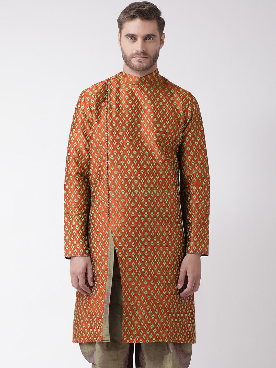 

DEYANN Men Orange & Fluorescent Green Printed Straight Kurta