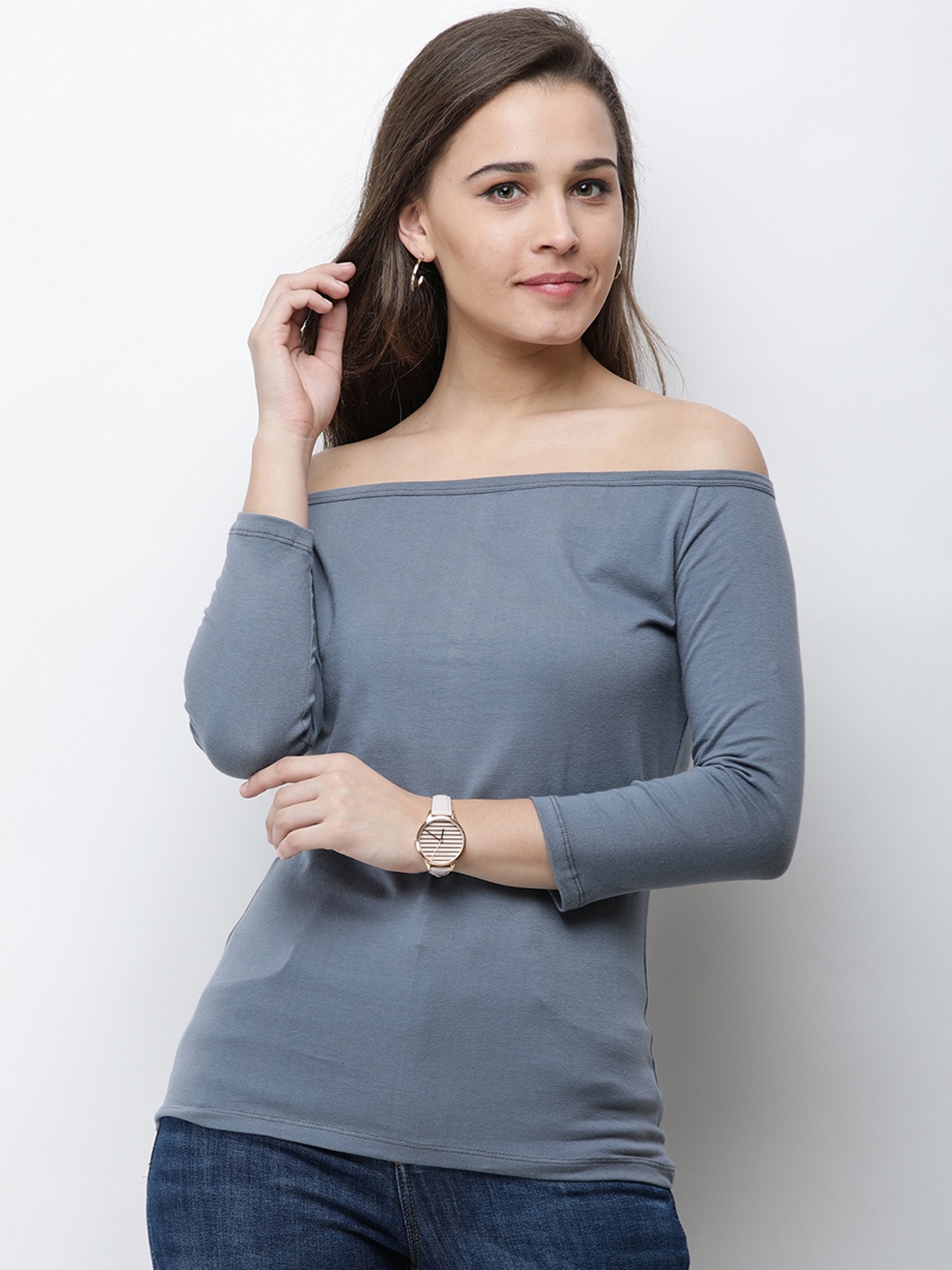 

Cation Women Grey Solid Bardot Top