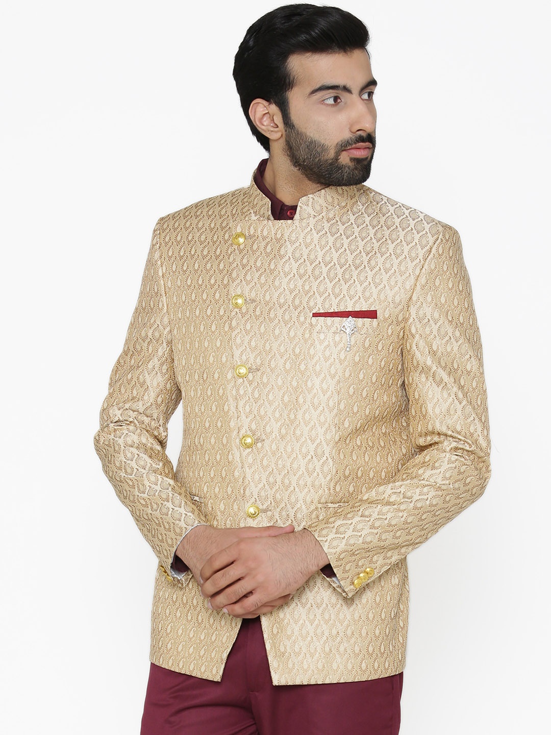 

Wintage Men Beige Self-Design Tailored Fit Bandhgala Blazer