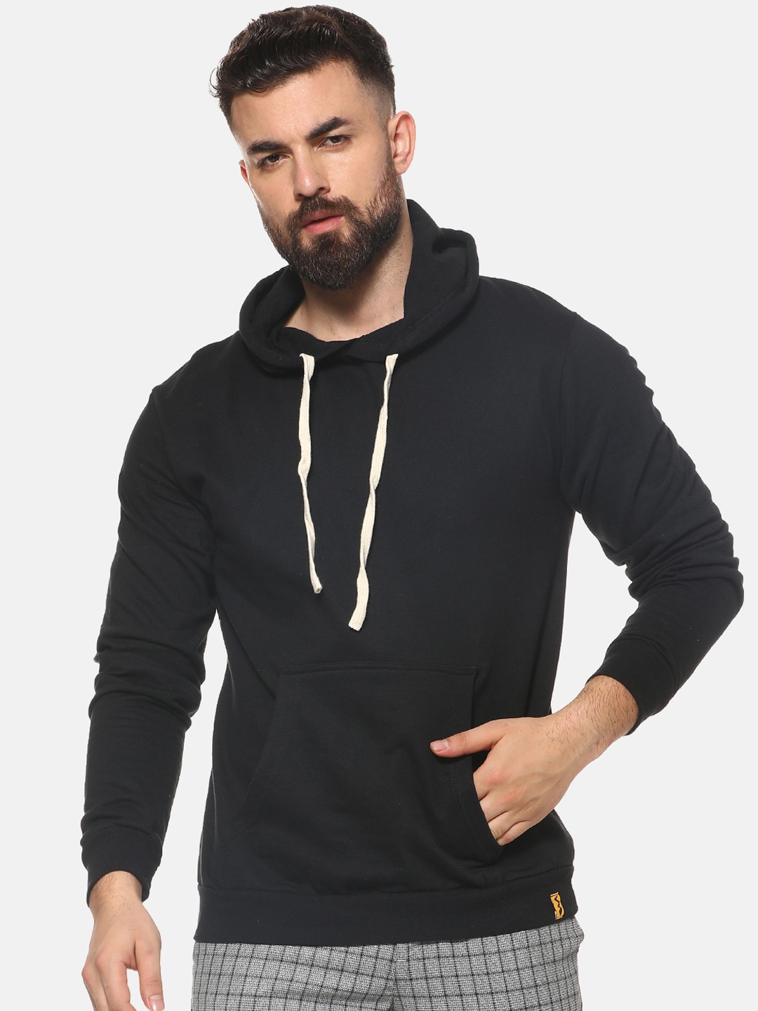 

Campus Sutra Men Black Solid Hooded Sweatshirt