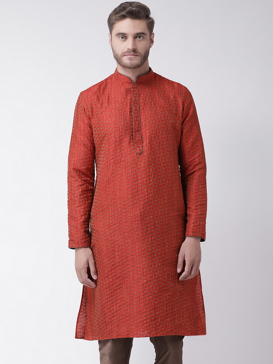 

DEYANN Men Red & Gold-Coloured Printed Straight Kurta