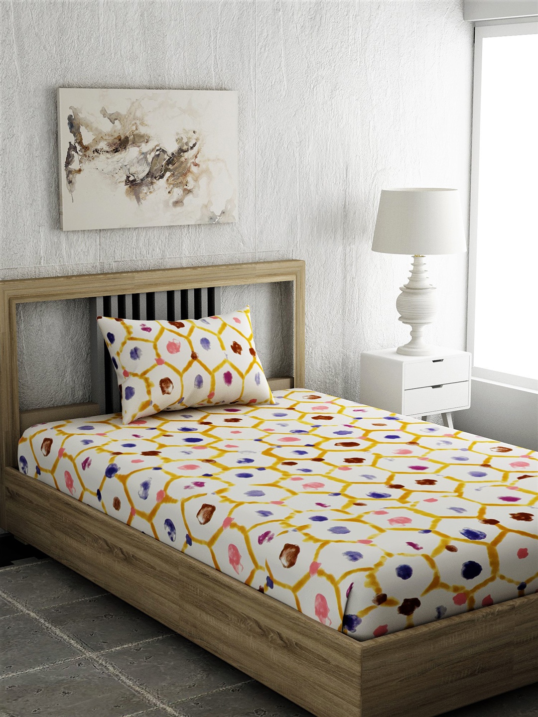 

EverHOME White & Yellow Geometric 210 TC Cotton 1 Single Bedsheet with 1 Pillow Cover