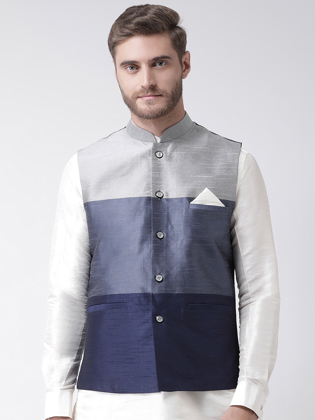 DEYANN Men Blue & Grey Colourblocked Nehru Jacket