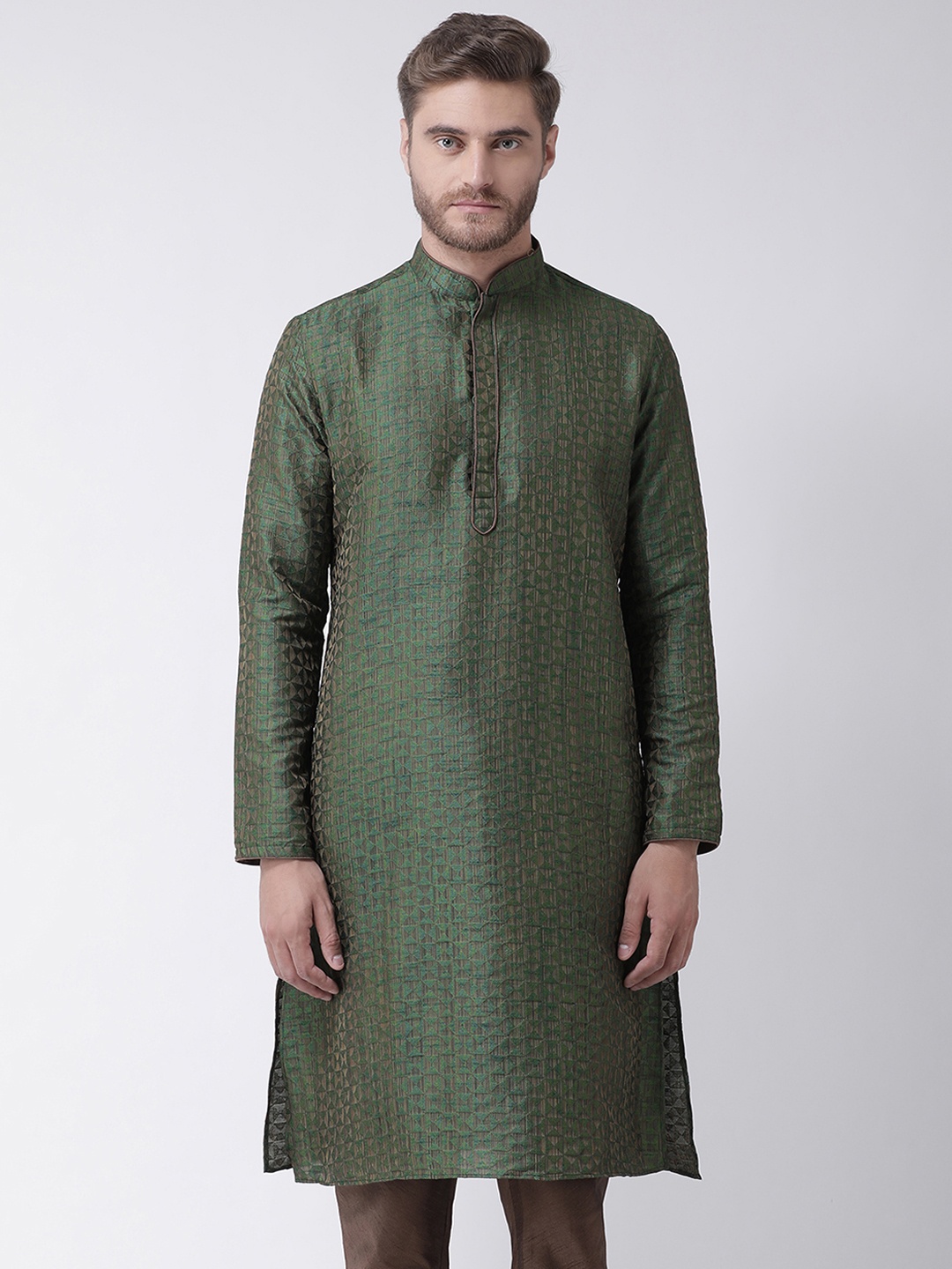 DEYANN Men Green & Brown Printed Straight Kurta