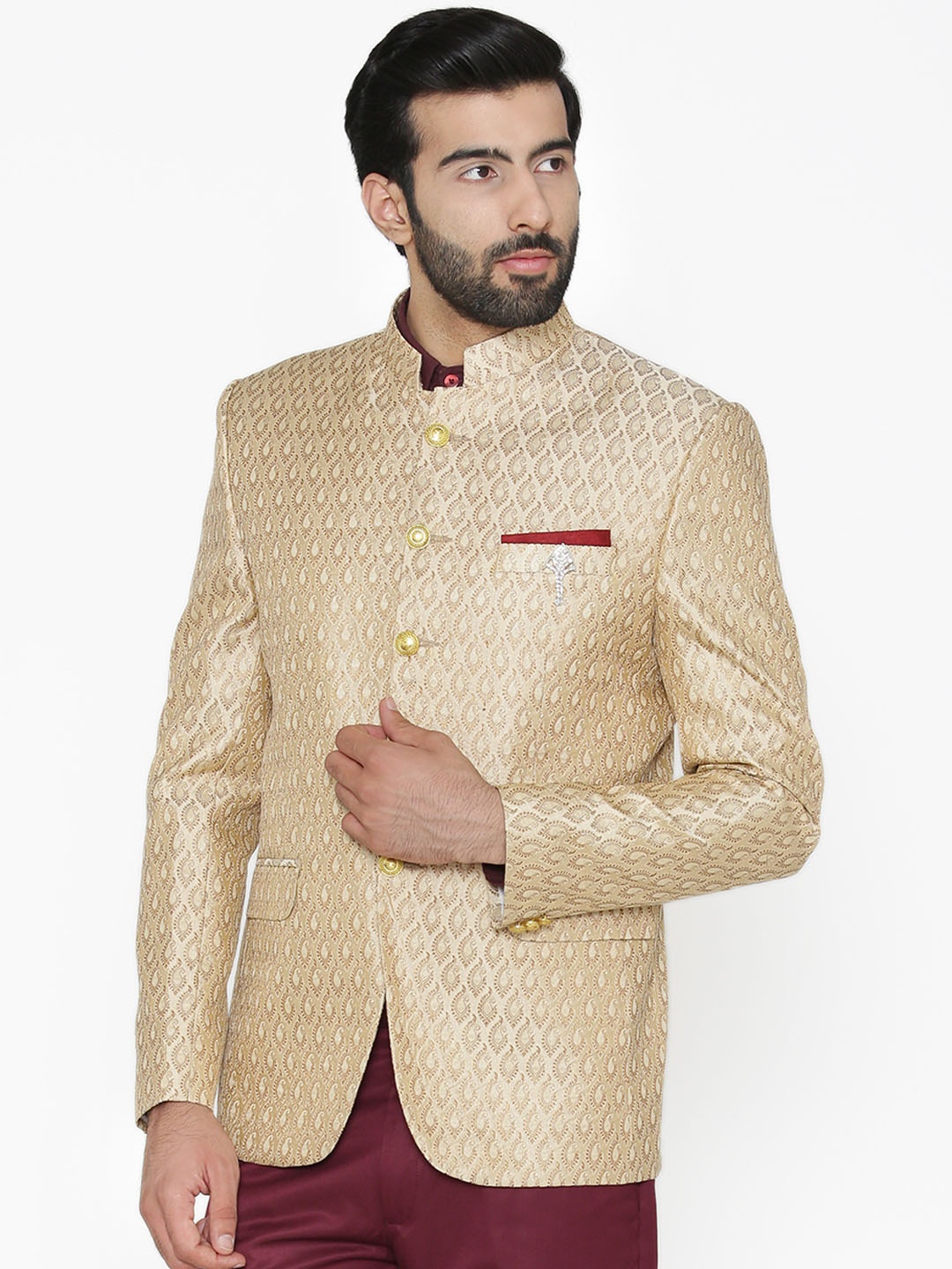 

Wintage Men Cream-Coloured Self-Design Tailored Fit Bandhgala Blazer