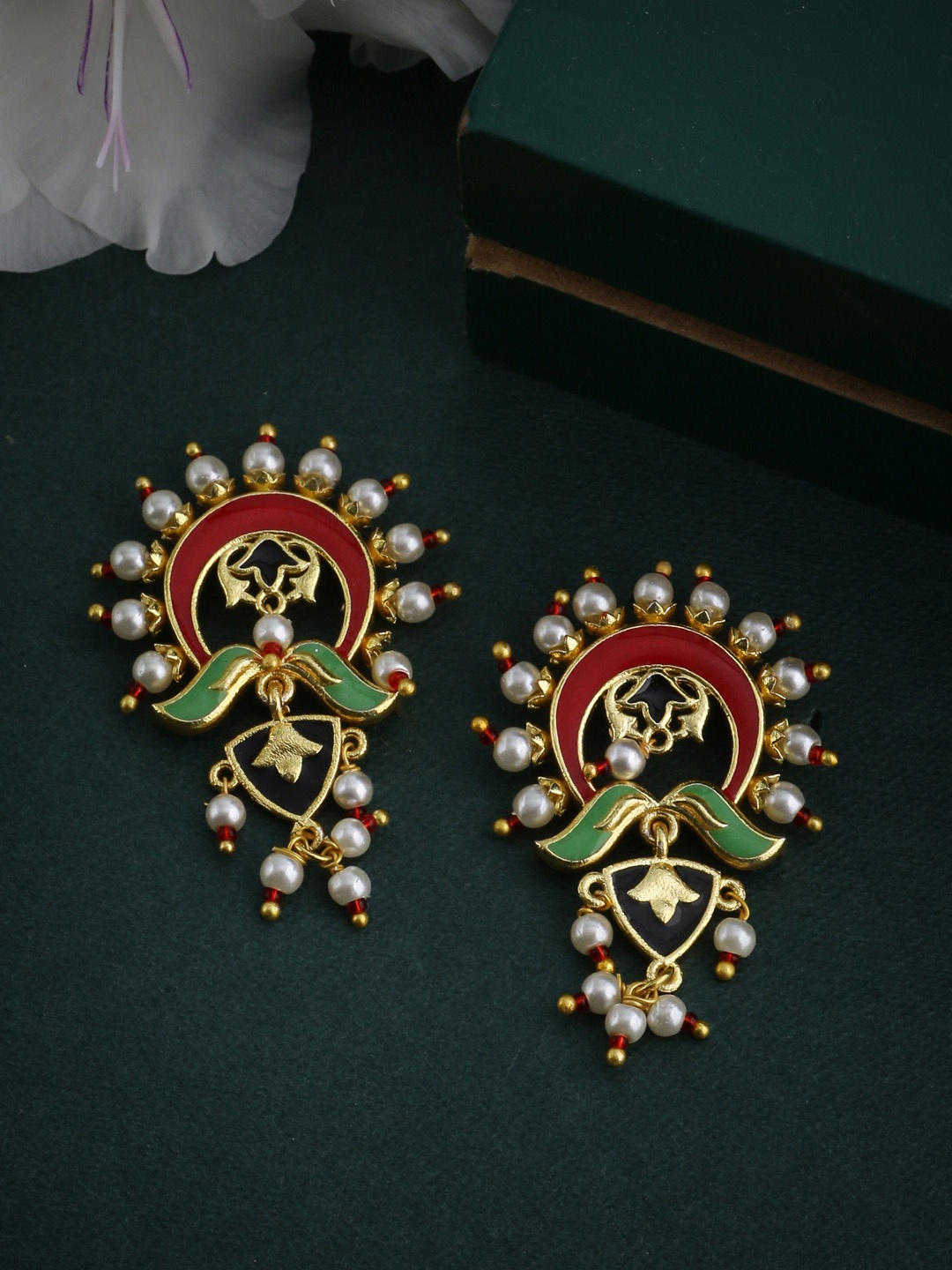 

Voylla Gold-Toned & Red Classic Drop Earrings