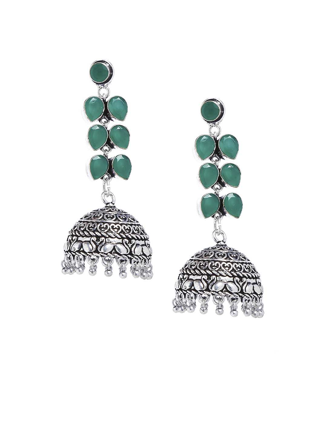 

Bamboo Tree Jewels Silver-Toned & Green Dome Shaped Jhumkas
