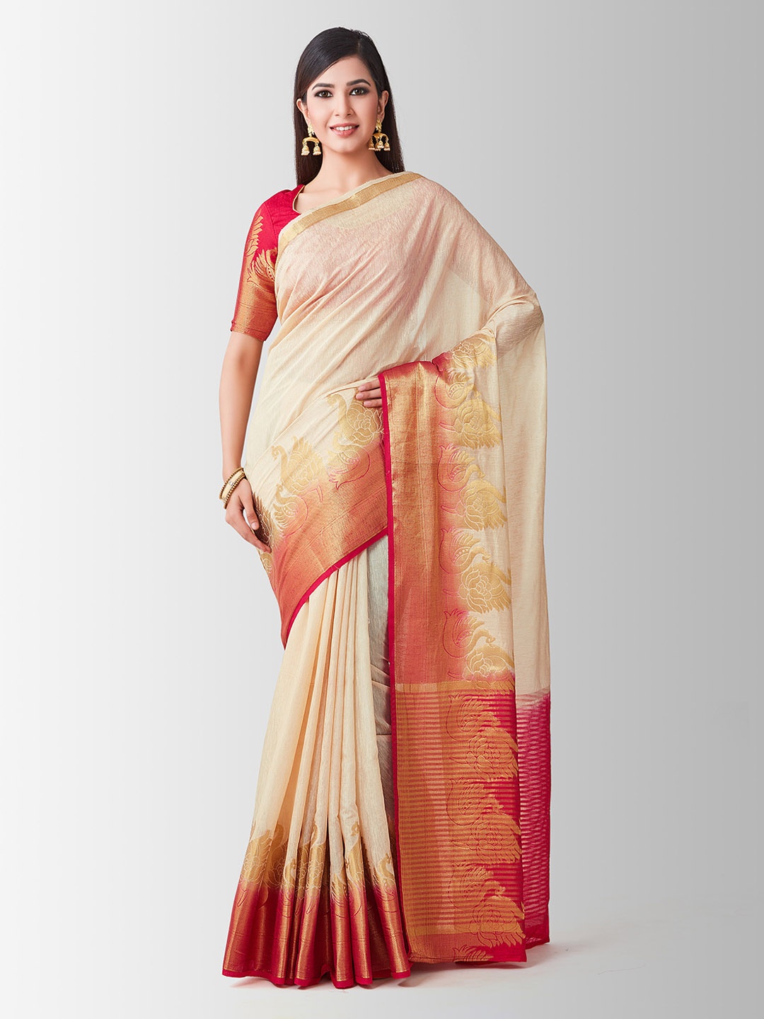 

Mitera Beige Linen Blend Woven Design Kanjeevaram Saree