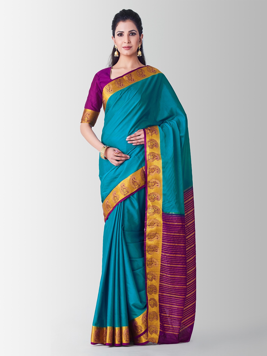 

Mitera Blue Poly Crepe Solid Kanjeevaram Saree