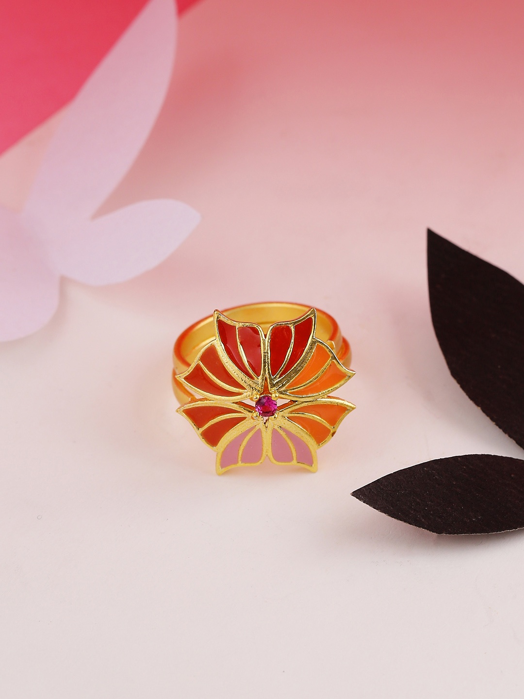 Voylla Women Gold-Plated & Pink Enamelled Finger Ring