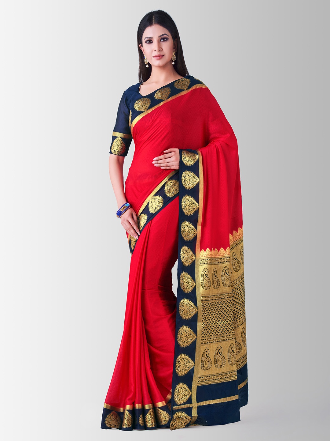

Mitera Red & Navy Blue Poly Crepe Woven Design Kanjeevaram Saree