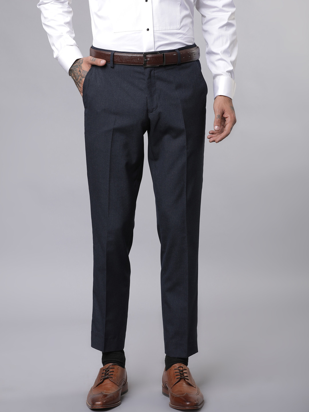 

Black coffee Men Navy Blue Slim Fit Solid Formal Trousers