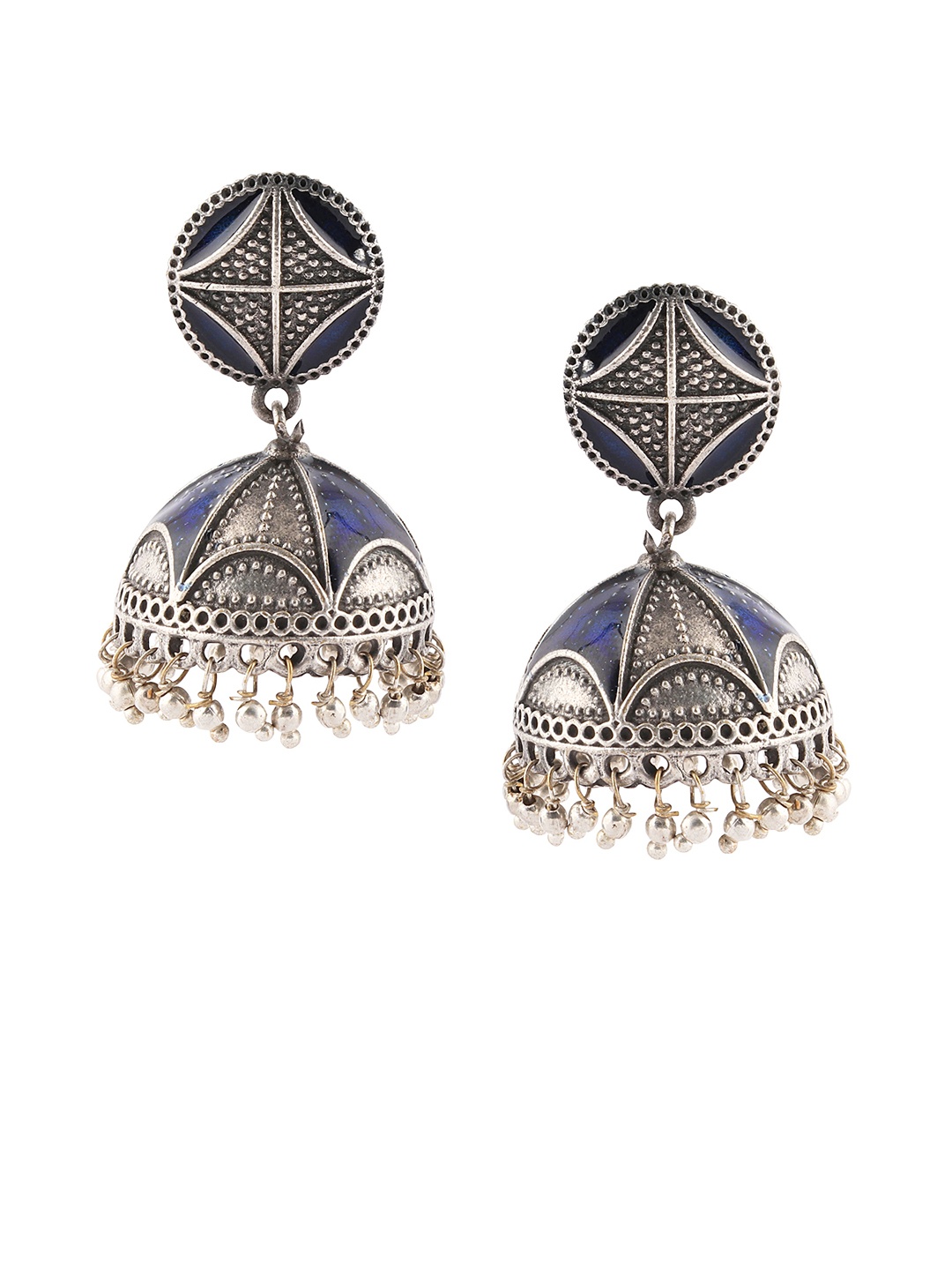 

Fabstreet Silver-Plated & Blue Enamelled Dome Shaped Jhumkas