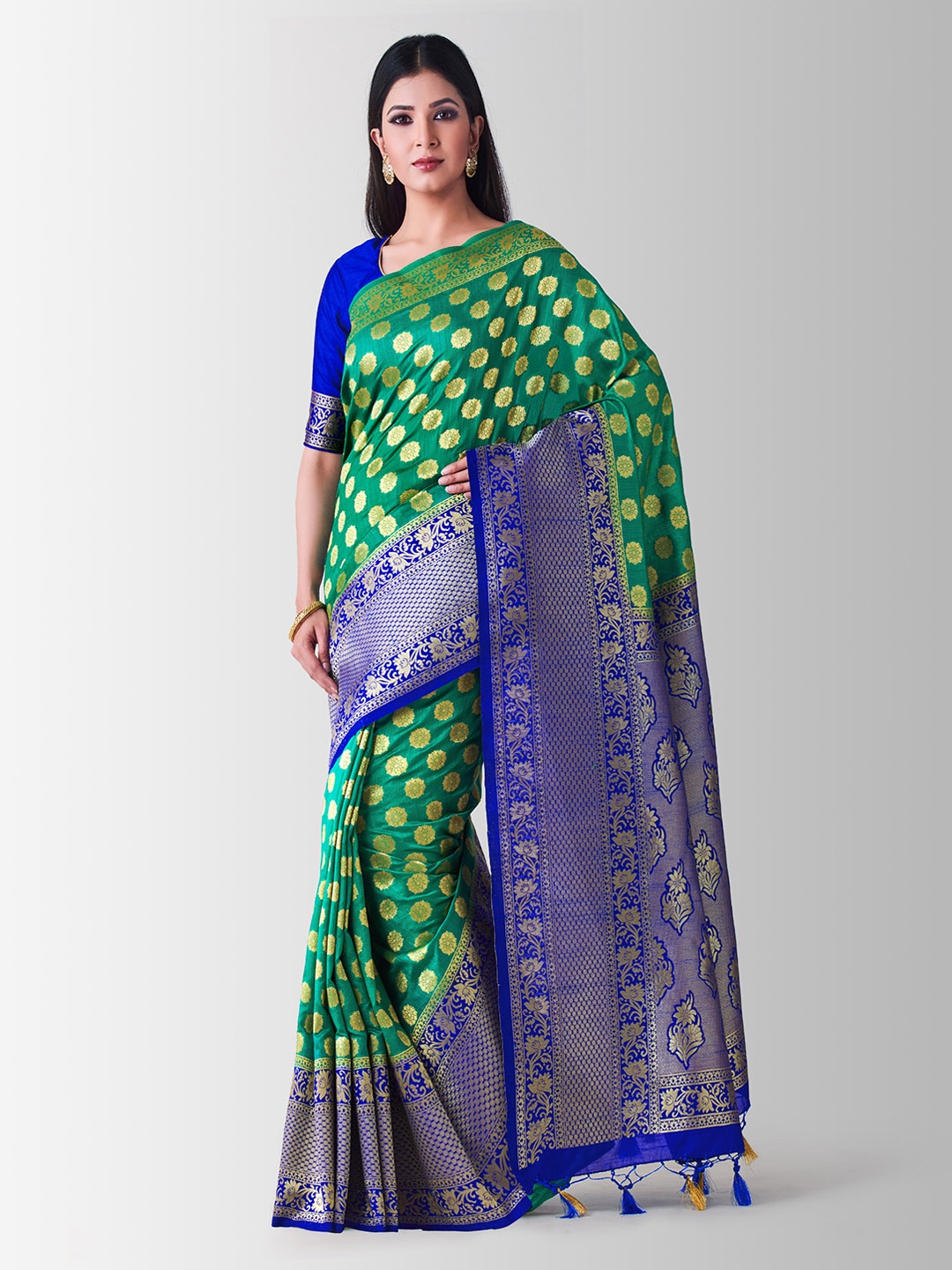 

Mitera Green & Navy Blue Embellished Kanjeevaram Saree
