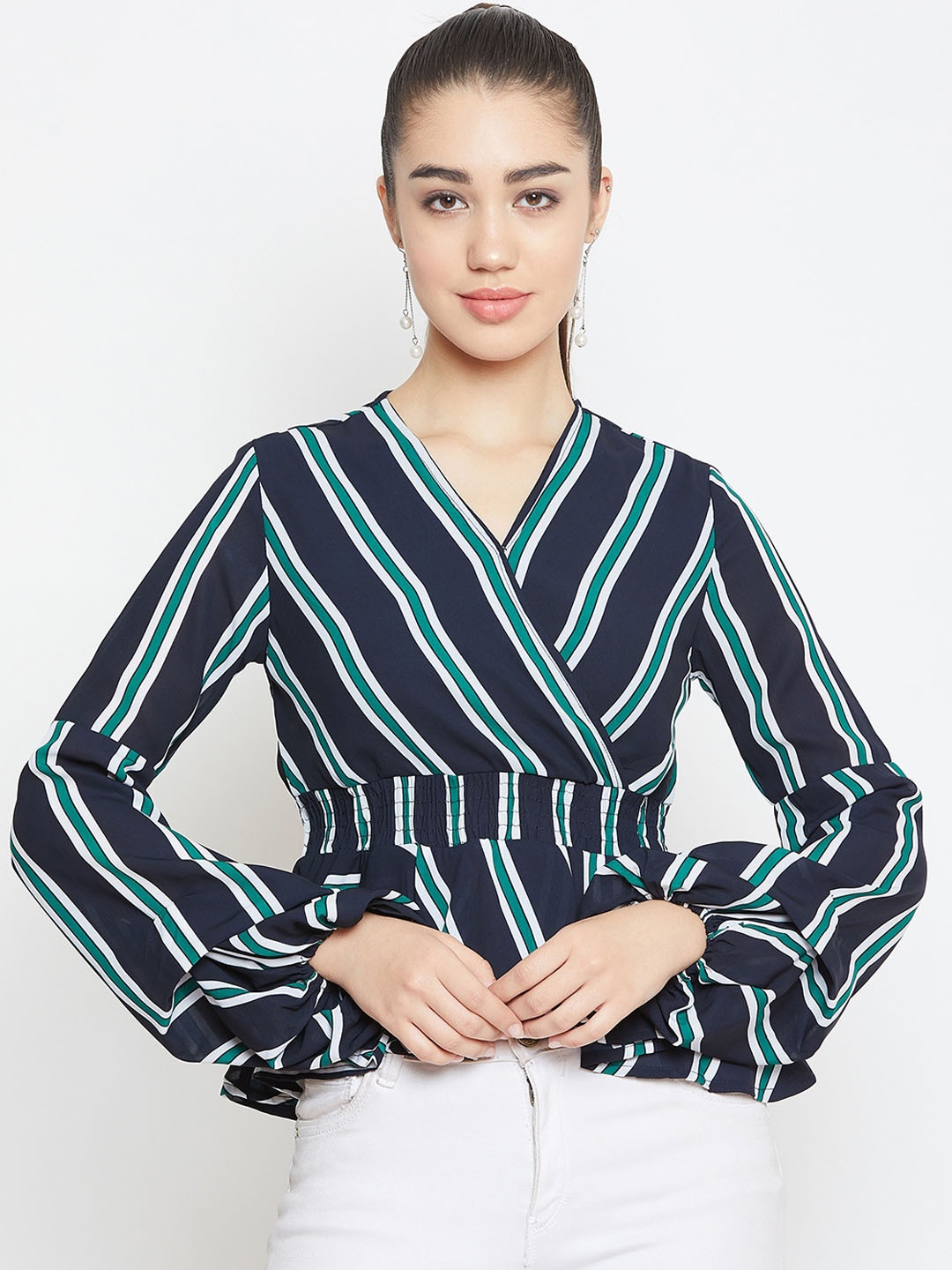 

PURYS Women Black & Green Striped Smocked Cinched Waist Top