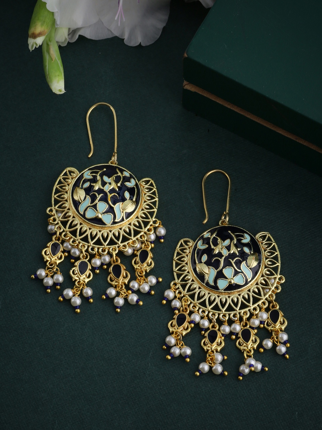 

Voylla Gold-Toned & Blue Enamelled Classic Drop Earrings