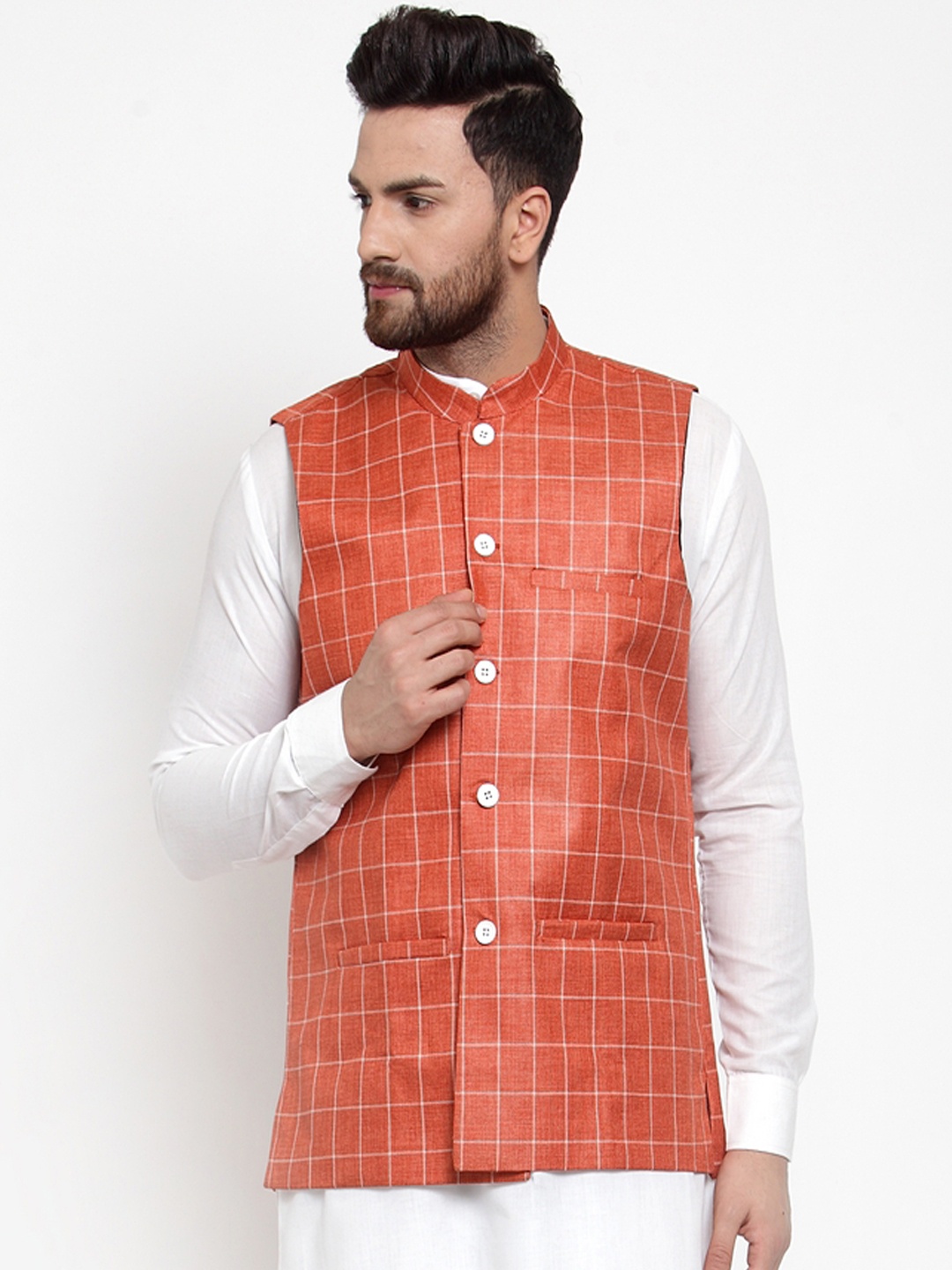 

Jompers Men Orange & White Checked Nehru Jacket