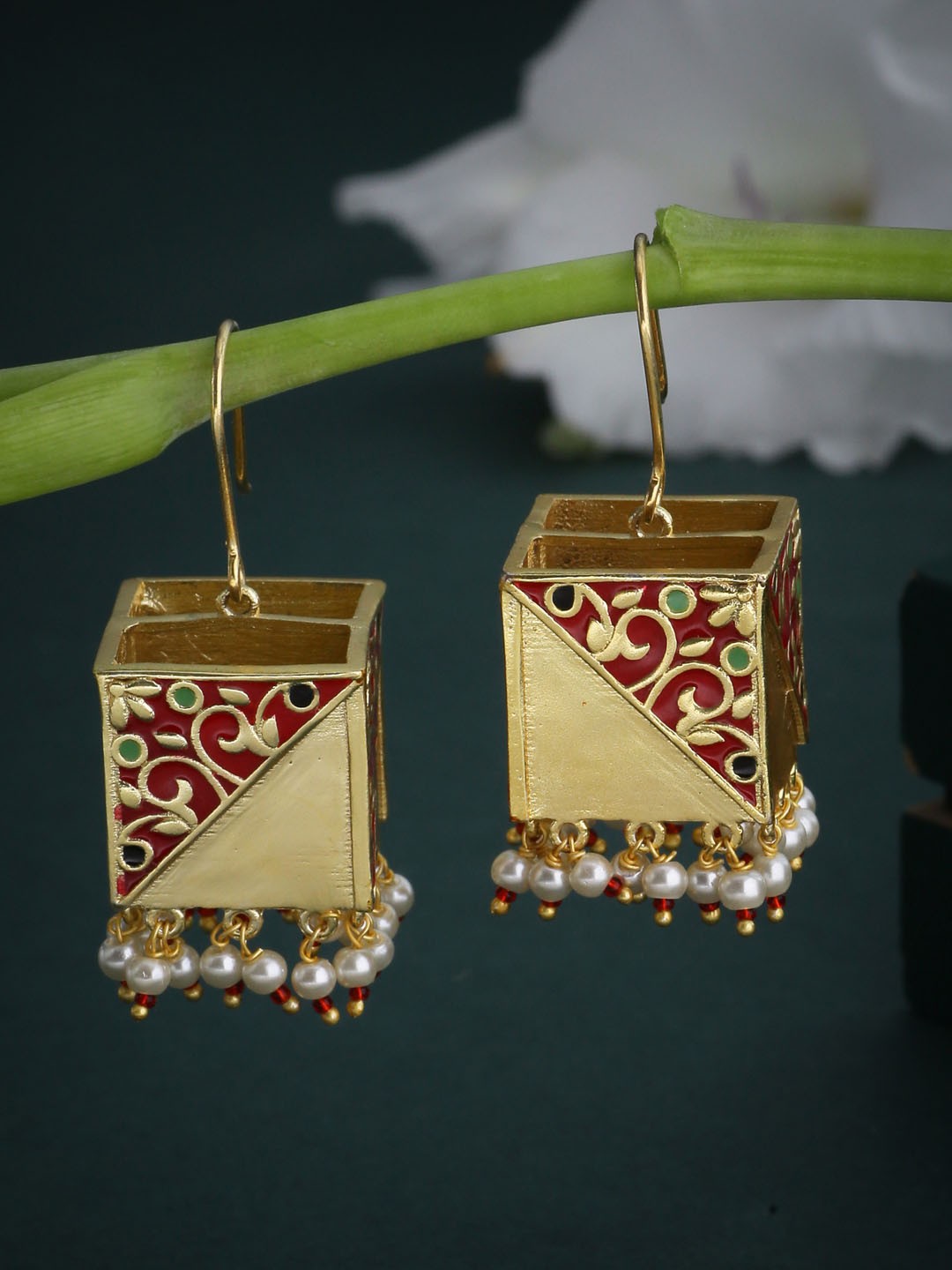 

Voylla Gold-Toned & Red Geometric Drop Earrings