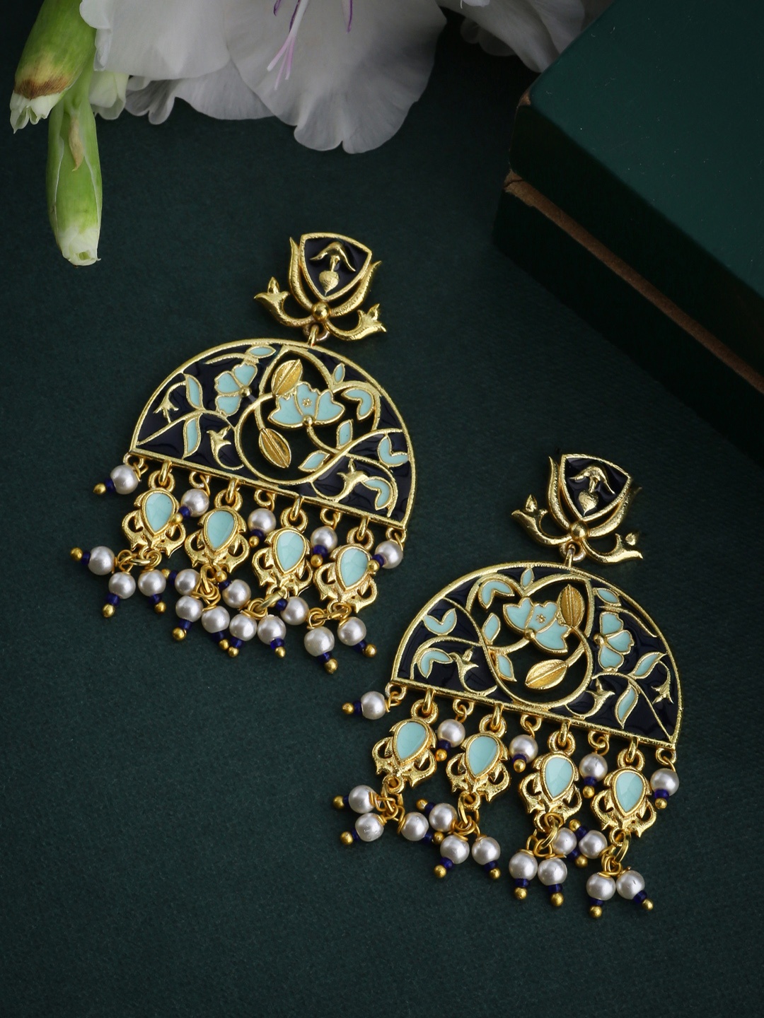 

Voylla Gold-Toned & Sea Green Classic Drop Earrings